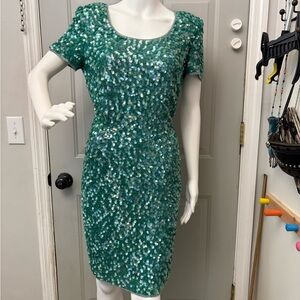 Albert Nipon Teal Mermaid 100% Silk Sequin Short Sleeve Cocktail Dress